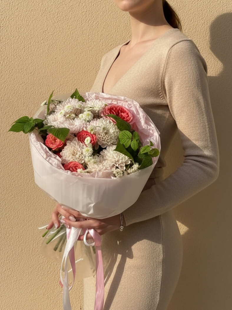 Букет из хризантем, роз, танацетума, малины и статицы № 4895