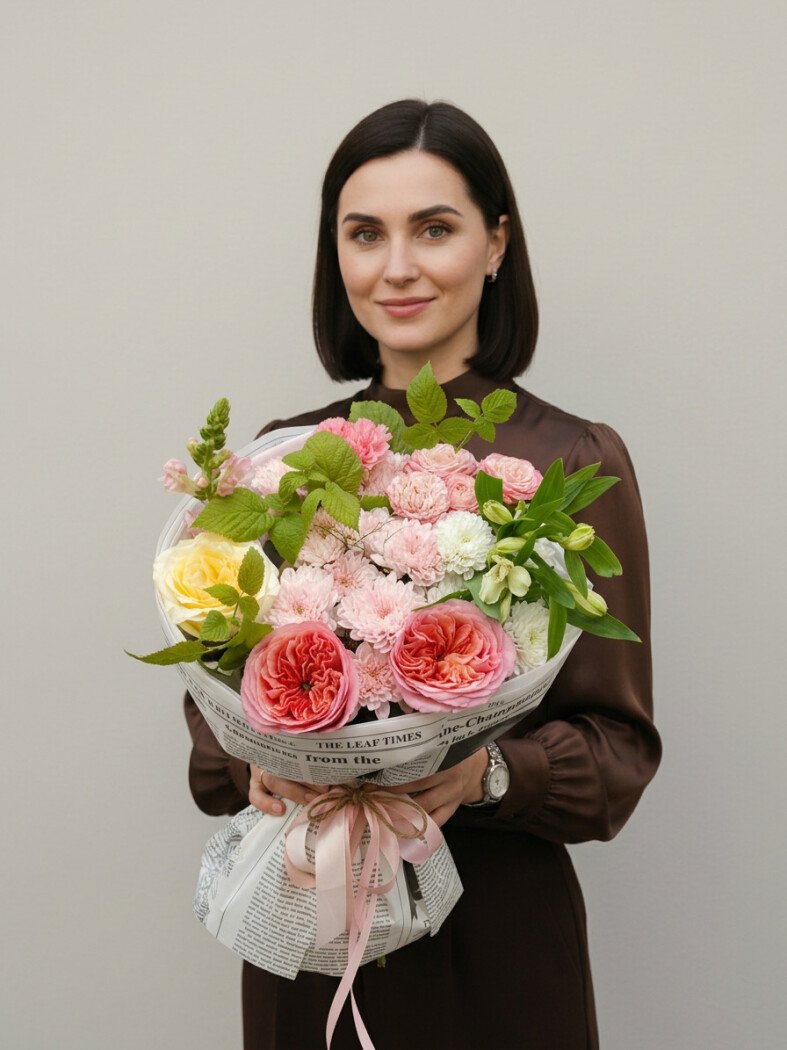 Букет из хризантем, роз, малины, львиного зева, альстромерий, паникума и гвоздик № 8783