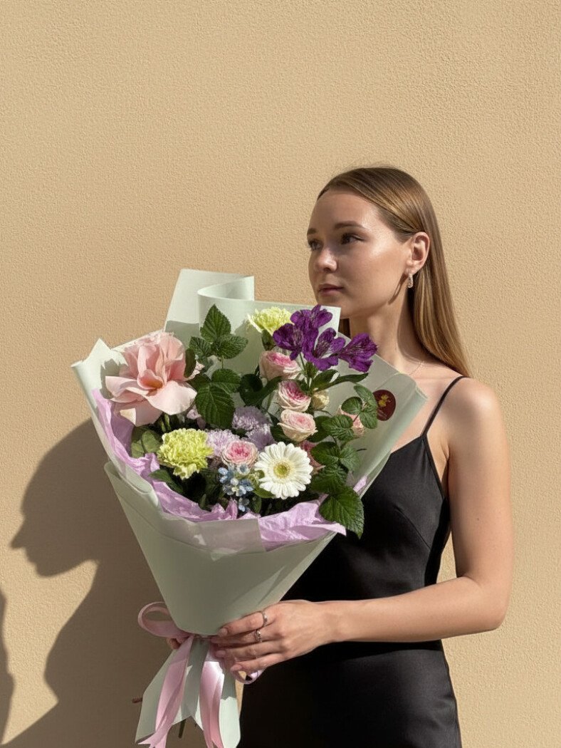 Букет из роз, оксипеталума, малины, гвоздик, хризантем, альстромерий и гербер № 8976