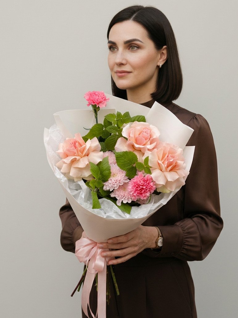 Букет из роз, малины, хризантем и гвоздик № 5600