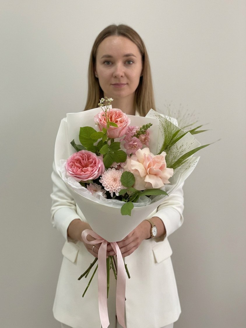 Букет из роз, хризантем, львиного зева, малины и паникума № 4795