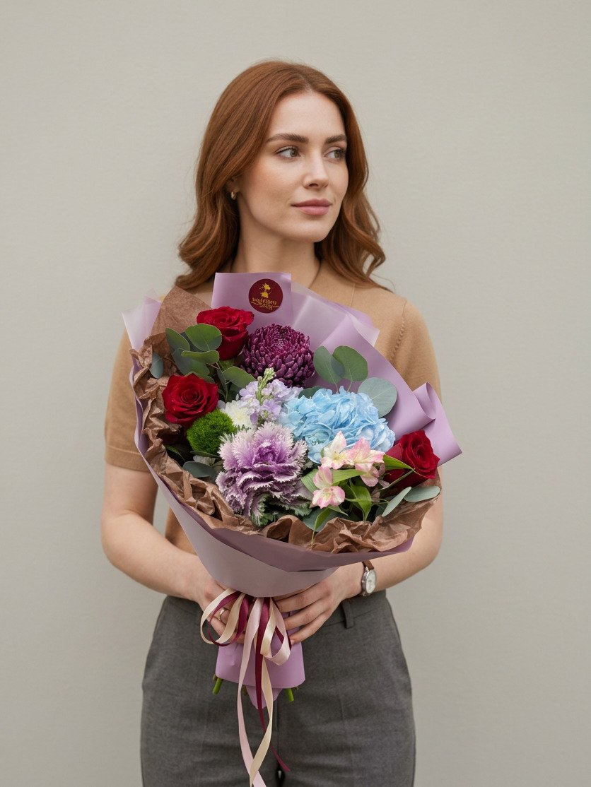 Букет из гортензий, хризантем, маттиол, браскиа, эвкалипта, гвоздик и альстромерий № 9953